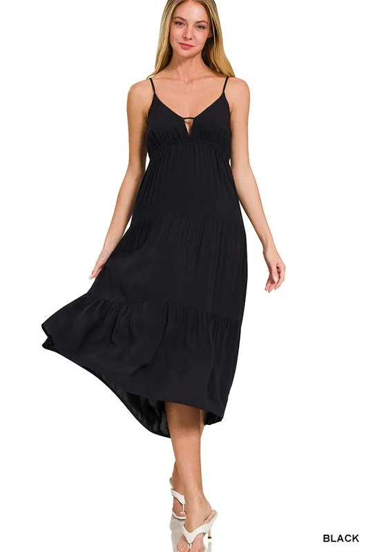 ZENANA Woven Sweetheart Neckline Tiered Cami Midi Dress