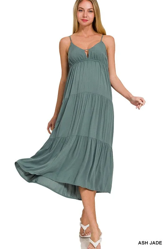 ZENANA Woven Sweetheart Neckline Tiered Cami Midi Dress
